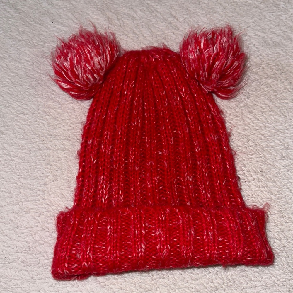 Red and White Pom Pom Beanie